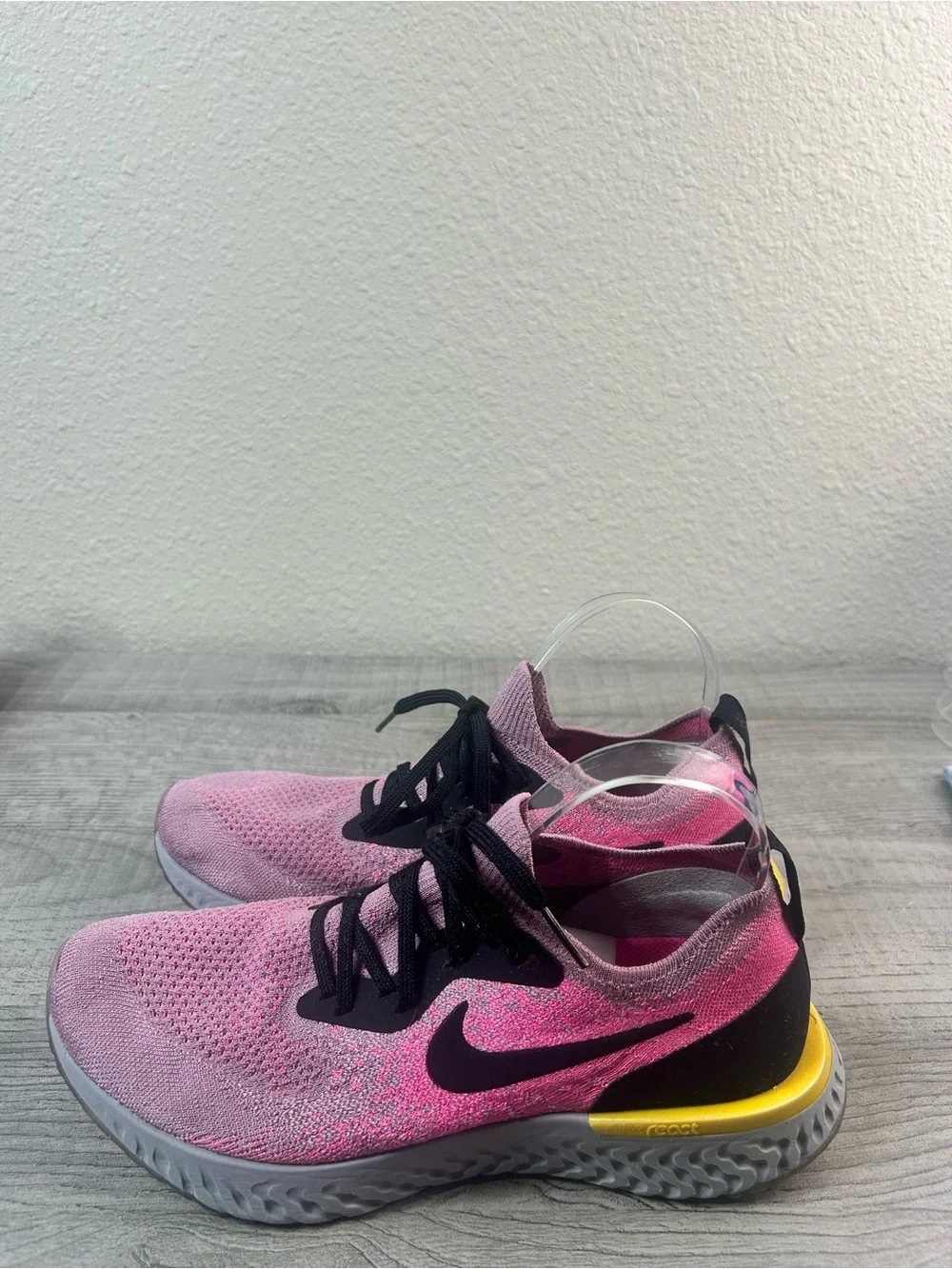Nike women’s Epic React Flyknit 10.5Pink Black Running Sneakers with Yellow Heel